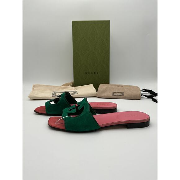 Gucci Green Suede Interlocking G Cutout Sandals Size 7.5 - Picture 2 of 6